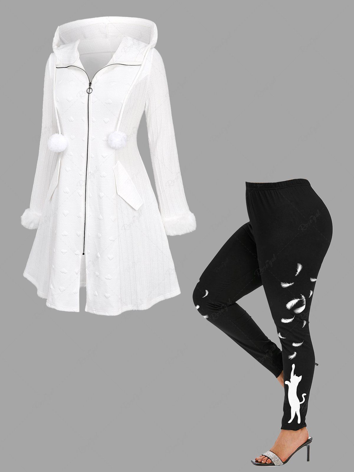 Fancy Full Zipper Fur Trim Heart Embossed Textured Hooded Solid Coat and Feather Cat Side Print Leggings Plus Size Outfit  