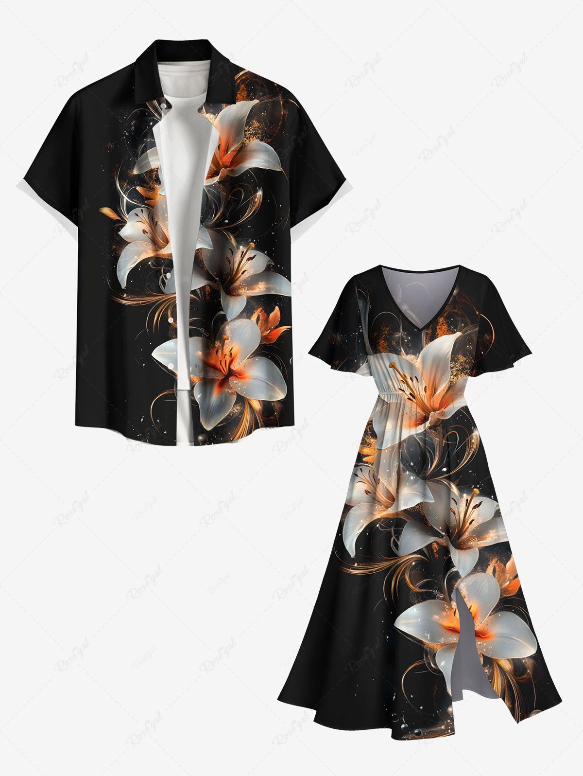 Costume de Plage Grande Taille Imprimé à Fleurs et Feuilles Brillantes 3D pour Couples Noir 