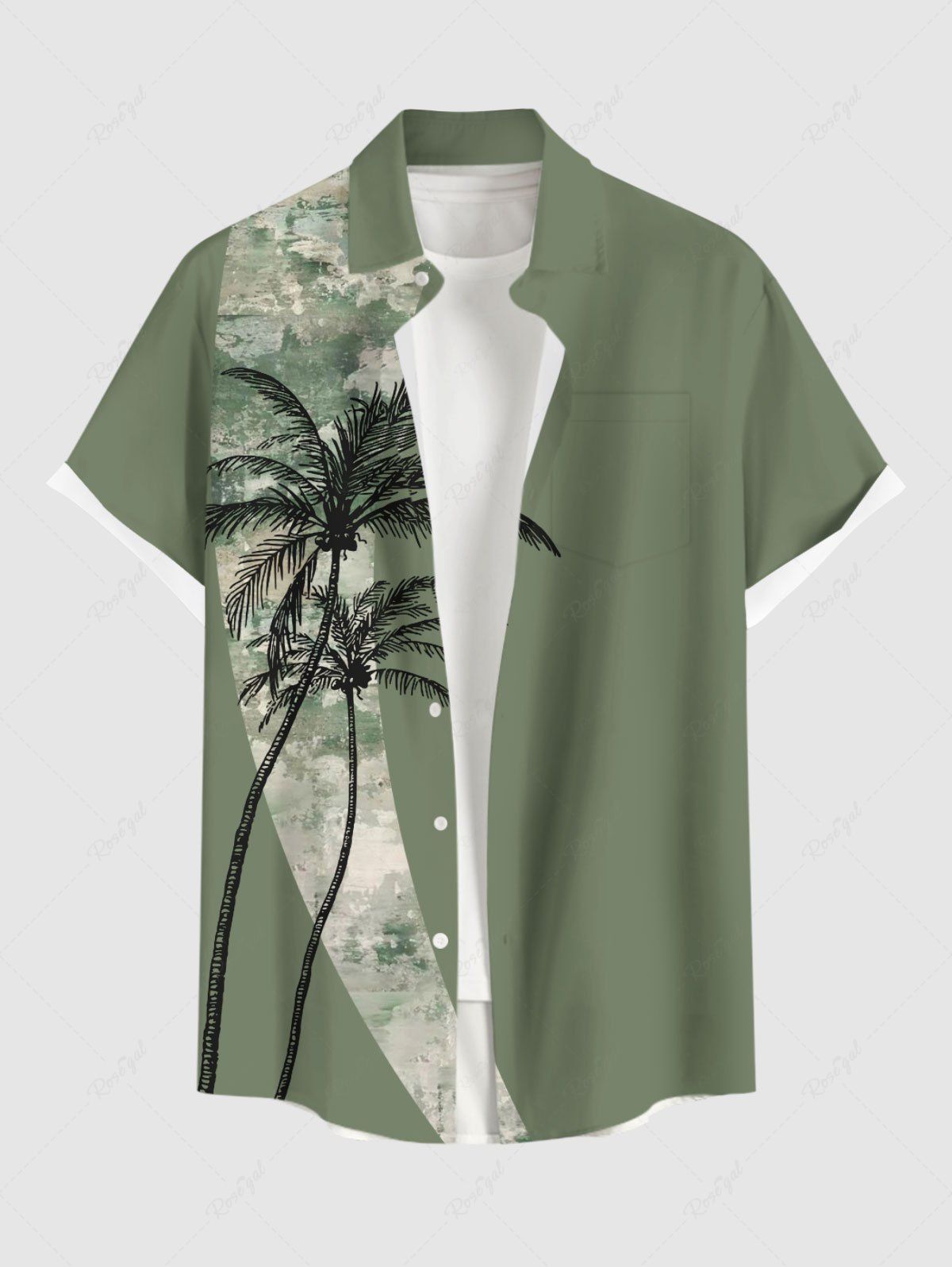 Trendy Plus Size Coconut Tree Camouflage Print Hawaii Button Pocket Shirt For Men  
