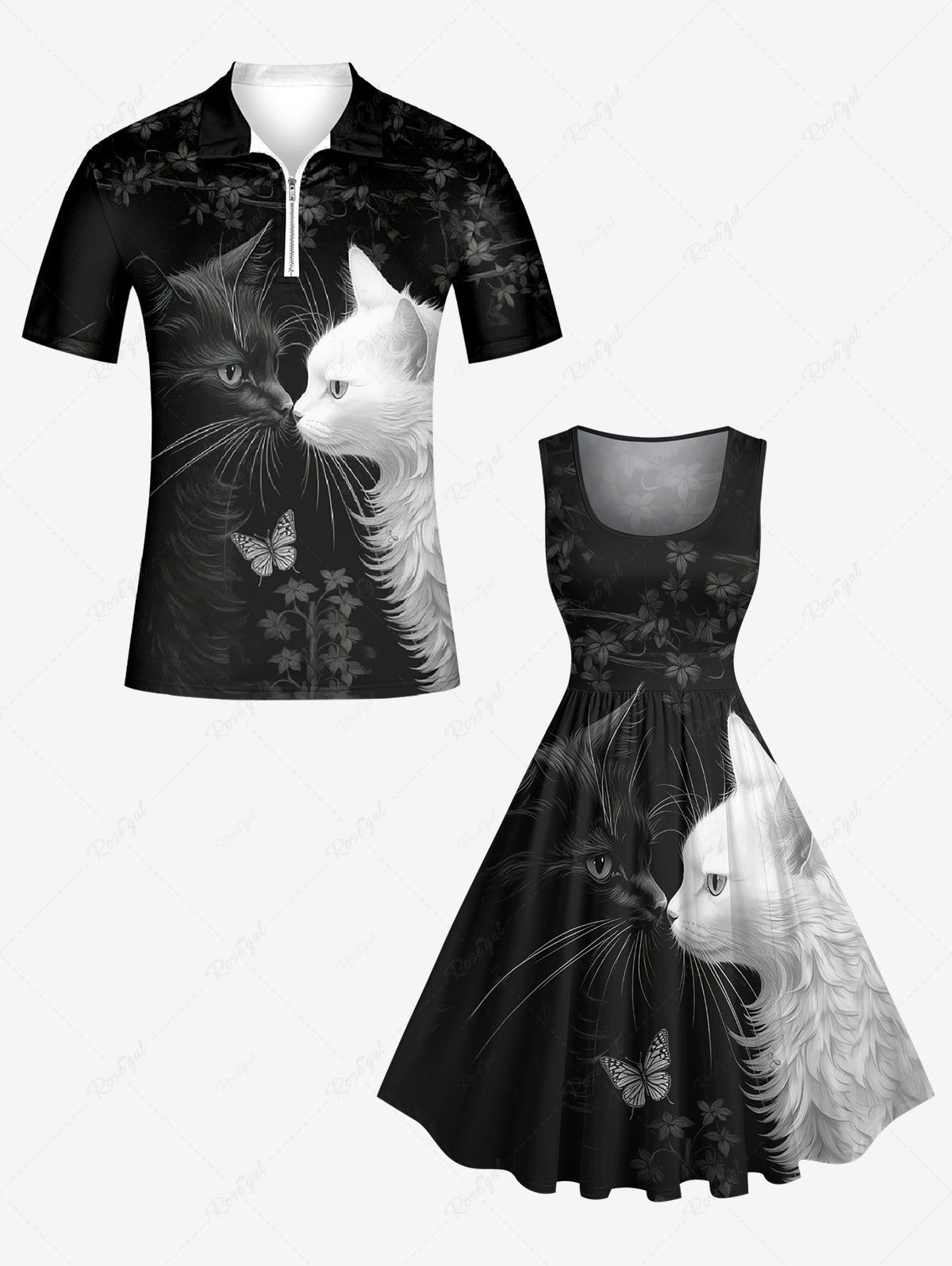 Outfits Two Tone Cat Butterfly Floral Print Plus Size Matching Outfit For Couples  