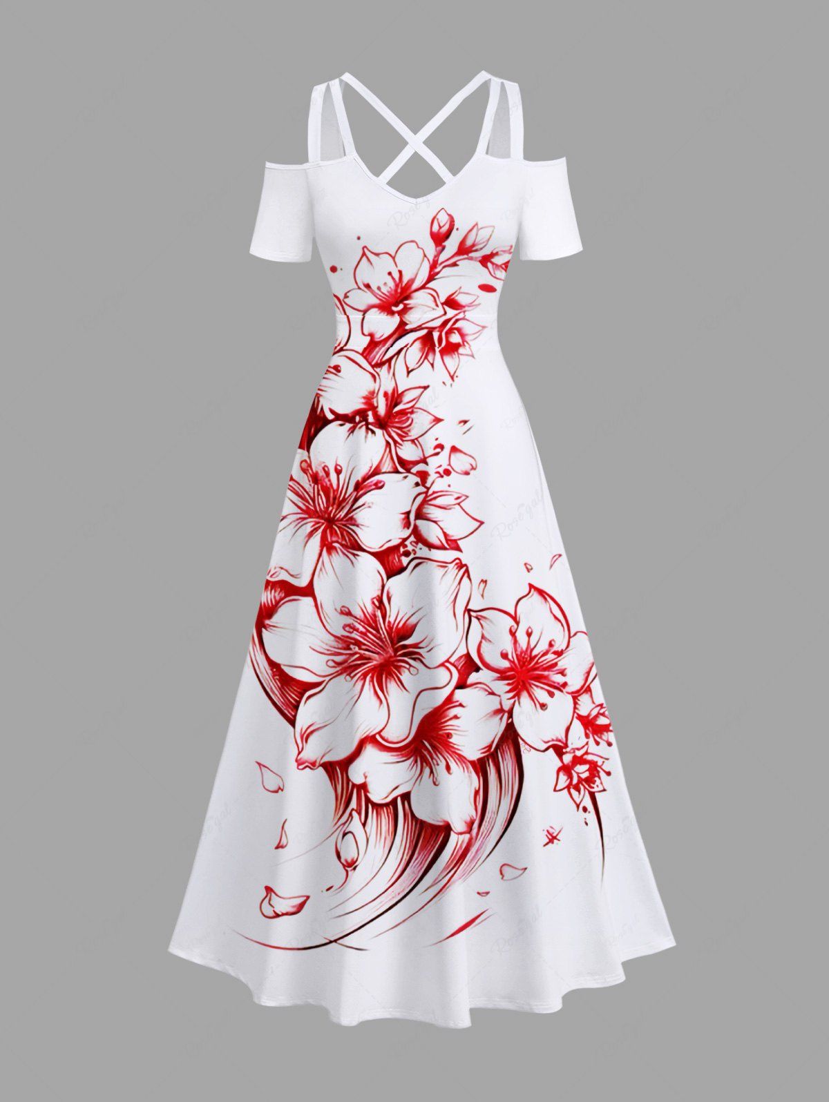 Store Plus Size Floral Two Tone Print Hawaii Crisscross A Line Maxi Dress  