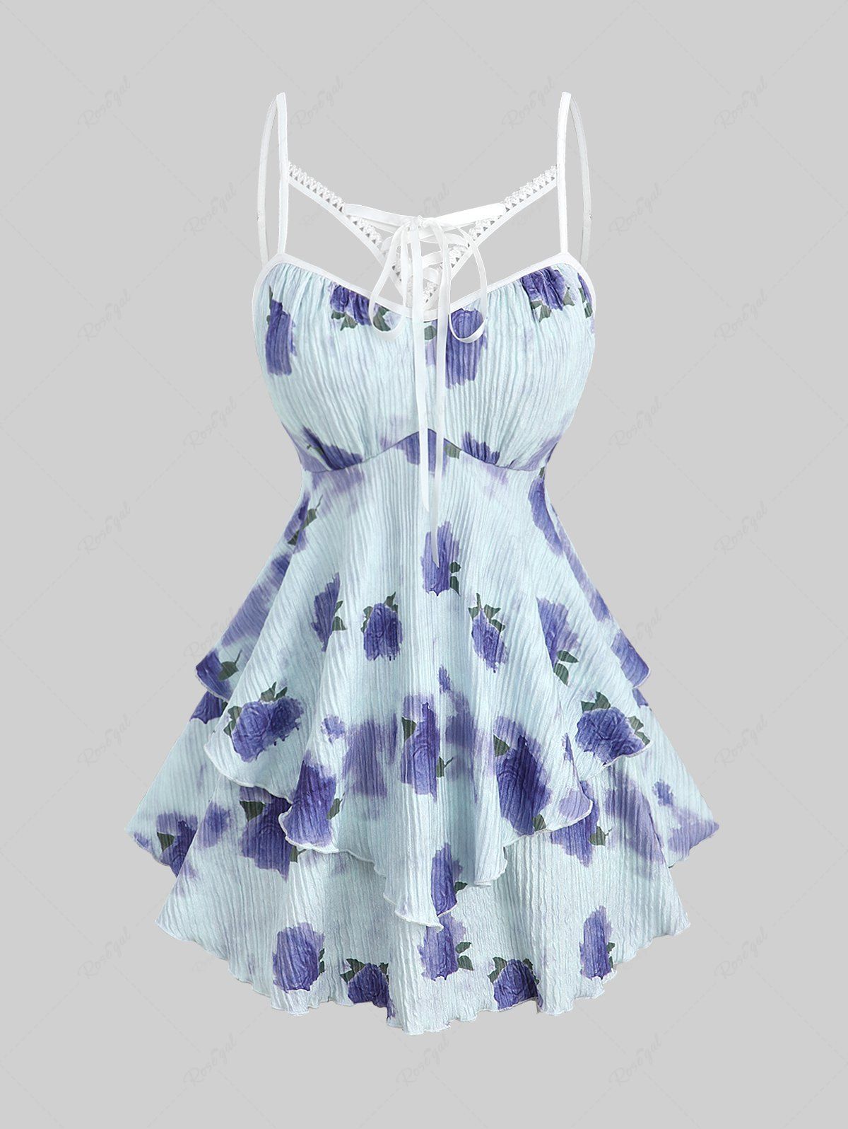 Trendy Plus Size Rose Flower Tie Dye Print Lace Up Cut Out Ruffles Ribbed Textured Cami Top  