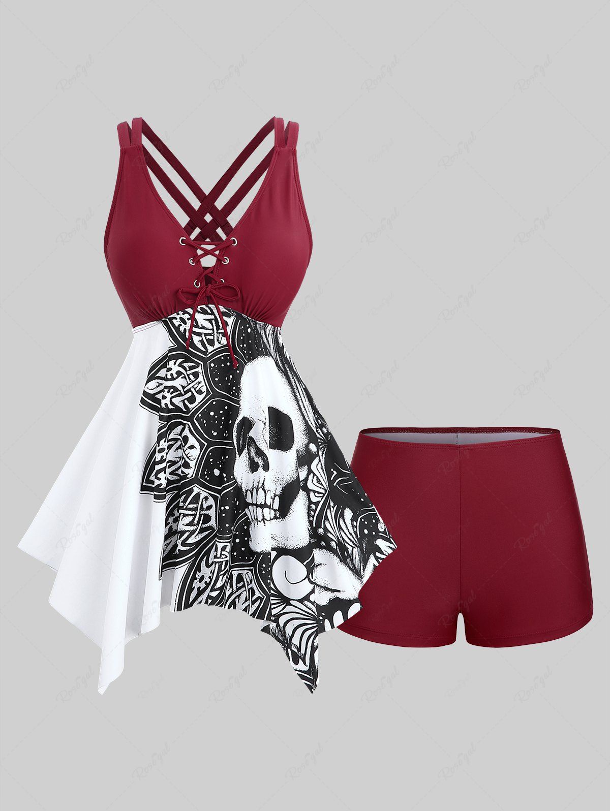 Outfits Plus Size Floral Skull Print Grommets Lace Up Lattice Crisscross Asymmetrical Boylegs Tankini Swimsuit  