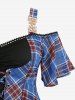 Plus Size Plaid Print Grommets Lace-up Ruched Lace Trim Cold Shoulder 2 In 1 Top -  