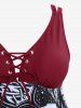 Plus Size Floral Skull Print Grommets Lace Up Lattice Crisscross Asymmetrical Boylegs Tankini Swimsuit -  