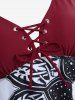 Plus Size Floral Skull Print Grommets Lace Up Lattice Crisscross Asymmetrical Boylegs Tankini Swimsuit -  