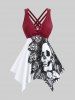 Plus Size Floral Skull Print Grommets Lace Up Lattice Crisscross Asymmetrical Boylegs Tankini Swimsuit -  