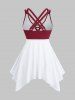 Plus Size Floral Skull Print Grommets Lace Up Lattice Crisscross Asymmetrical Boylegs Tankini Swimsuit -  