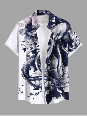 Plus Size Octopus Flower Leaf Watercolor Print Buttons Pocket Hawaii Shirt For Men - DEEP BLUE - M