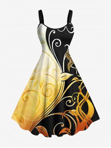 Plus Size Curve Floral Leaves Print Hawaii Ombre A Line Dress - YELLOW - XS