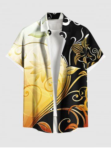 Plus Size Curve Floral Leaves Print Hawaii Ombre Button Pocket Shirt For Men - YELLOW - S