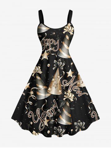 Plus Size Star Striped Hat Letters Galaxy Print New Years A Line Tank Dress - BLACK - S