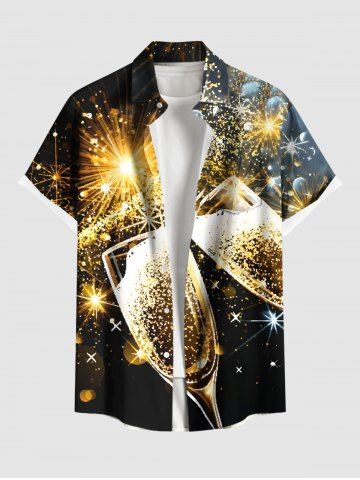 Plus Size Champagne Glitter Sparkling Stars Fireworks Print Party New Years Eve Button Pocket Shirt For Men - BLACK - L
