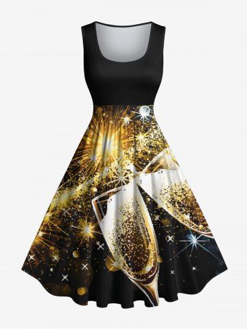 Plus Size Champagne Glitter Sparkling Stars Fireworks Print Party New Years Eve Vintage Swing A Line Dress - BLACK - L