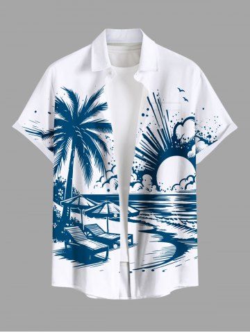 Plus Size Coconut Tree Sun Parasols Lounge Chair Seascape Print Buttons Pocket Hawaii Shirt For Men - WHITE - L