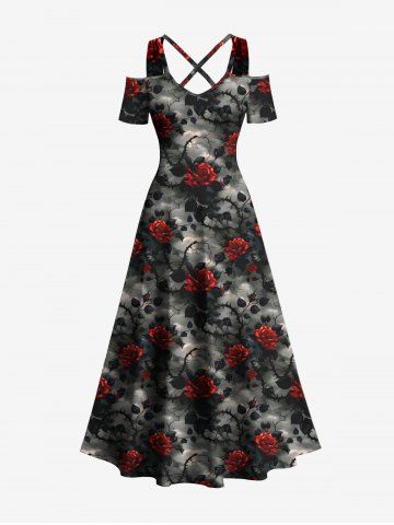 Plus Size Rose Flower Leaf Tie Dye Print Cold Shoulder Crisscross Hawaii Maxi Dress - BLACK - 3X