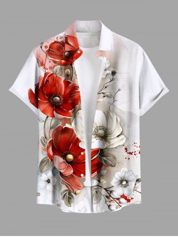 Plus Size Flowers Leaf Ombre Paint Splatter Print Buttons Pocket Hawaii Shirt For Men - RED - S