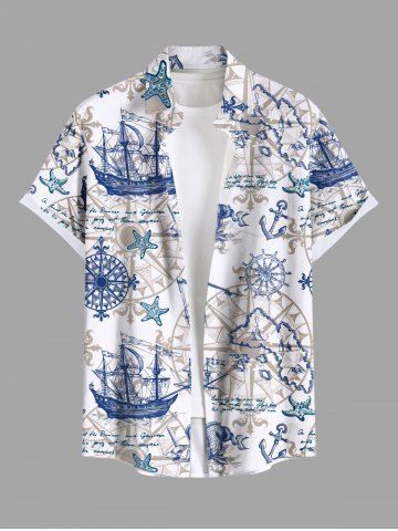 Plus Size Ship Anchor Steering Wheel Print Hawaii Button Pocket Shirt For Men