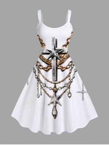 Plus Size Metallic Layered Chain Tassel Star Cross Print A Line Dress - WHITE - XS