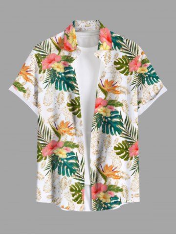 Plus Size Tropical Leaf Flower Pineapple Print Buttons Pocket Hawaii Shirt For Men - ORANGE - S