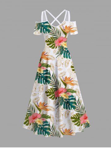 Plus Size Tropical Leaf Flower Pineapple Print Cold Shoulder Crisscross Hawaii Maxi Dress - ORANGE - XS