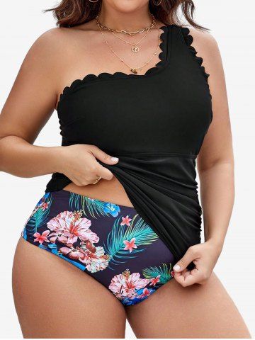 Maillot de Bain Tankini Feuille Tropicale Imprimée à Une Epaule de Grande Taille à Volants - BLACK - L