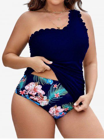 Plus Size Tropical Leaves Floral Print Hawaii Scalloped Trim Ruched One Shoulder Tankini Swimsuit - BLUE - 2XL