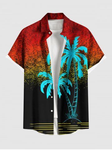 Plus Size Coconut Tree Spray Painting Print Hawaii Ombre Button Pocket Shirt For Men - RED - S