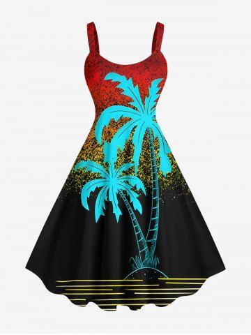 Plus Size Coconut Tree Spray Painting Print Hawaii Ombre A Line Dress