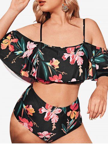 Maillot de Bain Tankini Imprimé Feuille Floral à Épaules Dénudées Grande Taille - MULTI-A - L