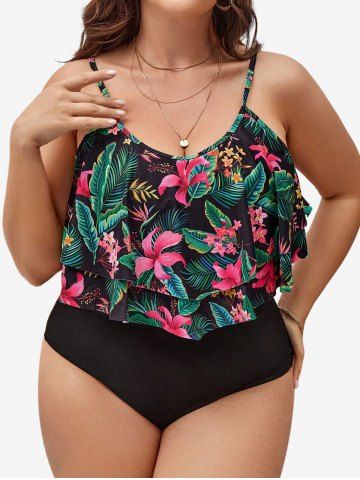 Maillot de Bain Tankini Superposé Fleur et Feuille Tropicale Imprimées de Grande Taille - BLACK - 1XL