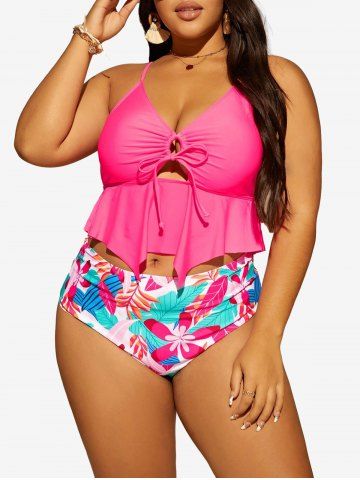 Plus Size Cinched Hollow Out Flower Leaf Tropical Print Bottom Tankini Swimsuit - RED - L