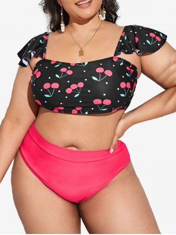 Plus Size Cherry Pin Dot Print Flounce Shoulder Tankini Swimsuit - MULTI-A - 1XL