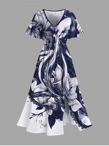 Plus Size Octopus Flower Leaf Watercolor Print Split Hawaii Midi Dress - DEEP BLUE - M