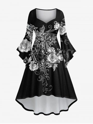 Plus Size Rose Flower Branch Cross Butterfly Print Ruched High Low Asymmetric Dress - BLACK - 3X