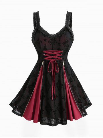 Plus Size Cross Flocking Mesh Grommets Lace-up Zipper Ruffles Lace Trim Tank Top - RED - L | US 12