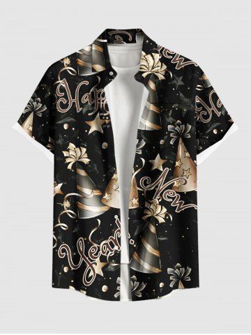 Plus Size Star Striped Hat Letters Galaxy Print New Years Button Pocket Shirt For Men - BLACK - 2XL