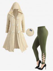 Cable Knit Horn Buttons Hooded Coat and Crisscross Hollow Out Side Leggings Plus Size Outfit -  