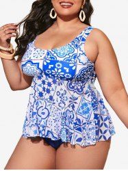 Plus Size Paisley Floral Heart Scarf Print Tankini Swimsuit -  