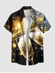 Plus Size Champagne Glitter Sparkling Stars Fireworks Print Party New Years Eve Button Pocket Shirt For Men -  