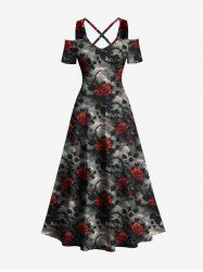 Plus Size Rose Flower Leaf Tie Dye Print Cold Shoulder Crisscross Hawaii Maxi Dress -  
