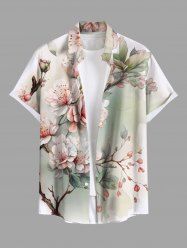 Plus Size Peach Blossom Flower Leaf Ombre Print Buttons Pocket Hawaii Shirt For Men -  