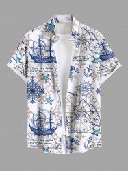 Plus Size Ship Anchor Steering Wheel Print Hawaii Button Pocket Shirt For Men -  