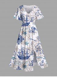 Plus Size Ship Anchor Steering Wheel Print Hawaii Split Pocket A Line Midi Dress -  
