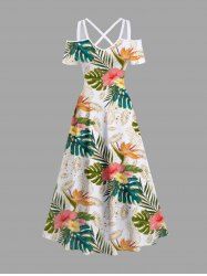 Plus Size Tropical Leaf Flower Pineapple Print Cold Shoulder Crisscross Hawaii Maxi Dress -  