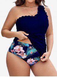 Plus Size Tropical Leaves Floral Print Hawaii Scalloped Trim Ruched One Shoulder Tankini Swimsuit -  