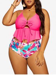 Plus Size Cinched Hollow Out Flower Leaf Tropical Print Bottom Tankini Swimsuit -  