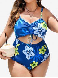 Plus Size Tropical Leaf Flowers Print Cinched Hollow Out One Piece Swimsuit -  