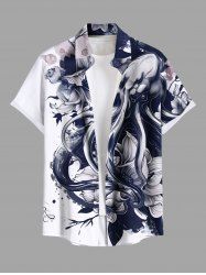 Plus Size Octopus Flower Leaf Watercolor Print Buttons Pocket Hawaii Shirt For Men -  