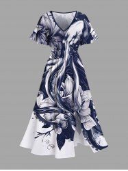 Plus Size Octopus Flower Leaf Watercolor Print Split Hawaii Midi Dress -  